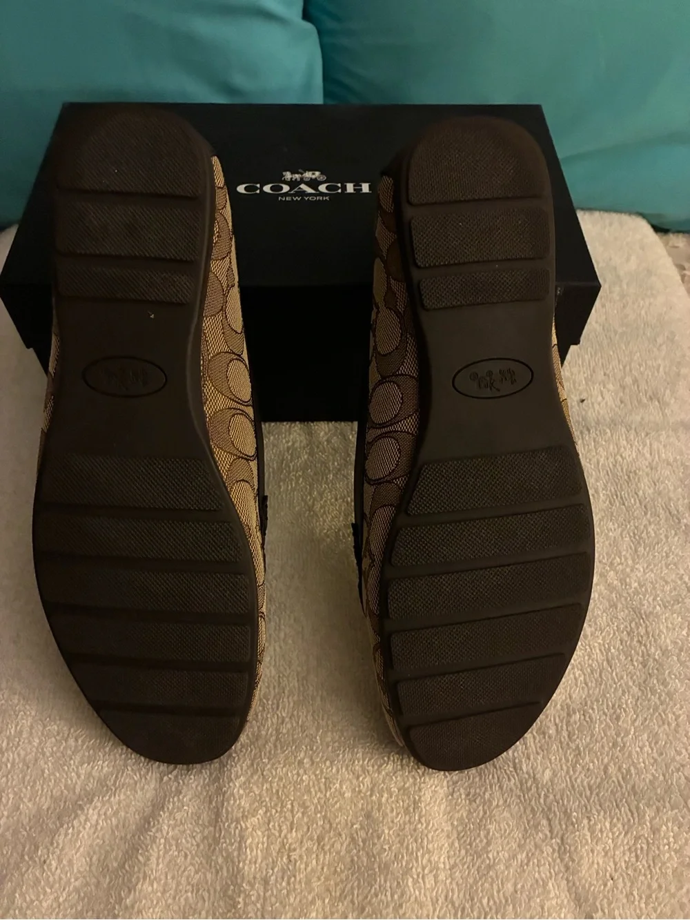 NIB Coach Brown Signature Canvas Loafers with Gold Accent slip-on, original box